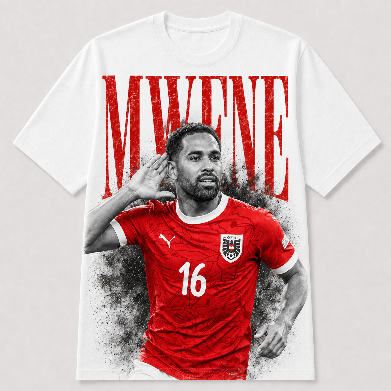 Phillipp Mwene Österreich WM 2026 rotes Fan Shirt T-Shirt mit Poster-Stil Frontprint